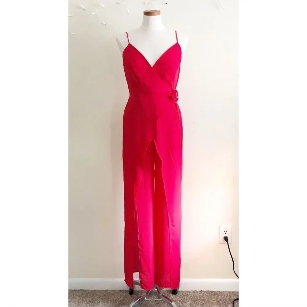 Leith Red Flowy Split hem wrap tank jumpsuit - Picture 2 of 8